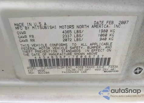 2007 Mitsubishi Galant Es/Se из США, поврежденный, VIN 4A3AB36F17E066787